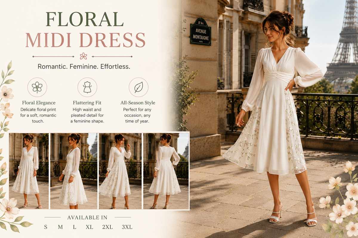 Floral long sleeve V-neck pleated midi dress – Zita La Belle Élite