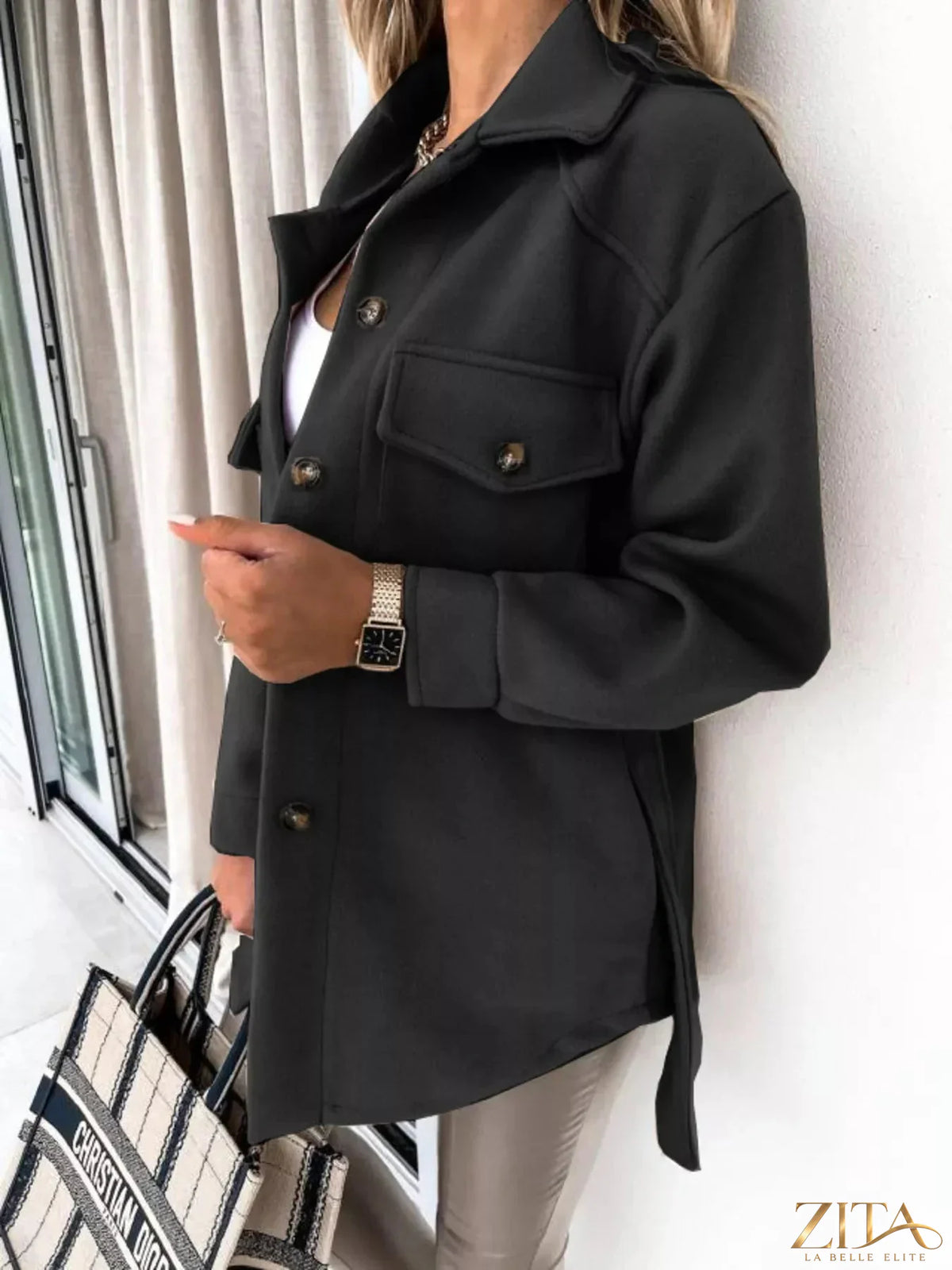 Zita La Belle Elite button-down tie waist coat in neutral fabric, front view showing classic collar and stylish waist tie.