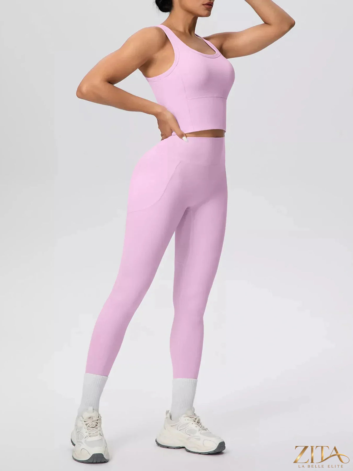 Zita La Belle Elite scoop neck tank top and high-waisted leggings active set, black, made from stretchy, comfortable athletic fabric.