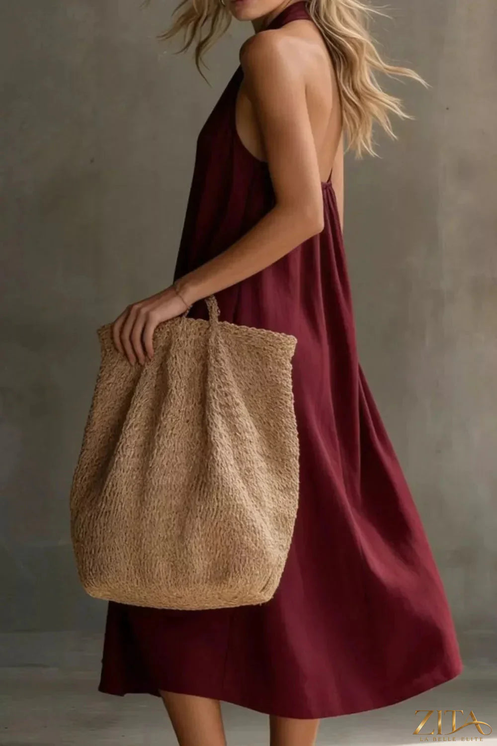 Zita La Belle Elite casual halter neck midi dress with front pockets, lightweight fabric, and a relaxed fit for everyday wear.