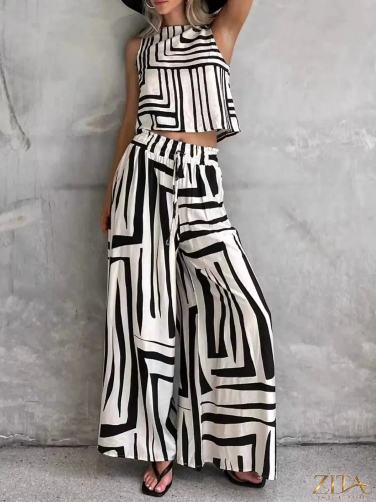 Zita La Belle Elite geometric print sleeveless top and wide-leg pants set, stylish and modern outfit with bold patterns.