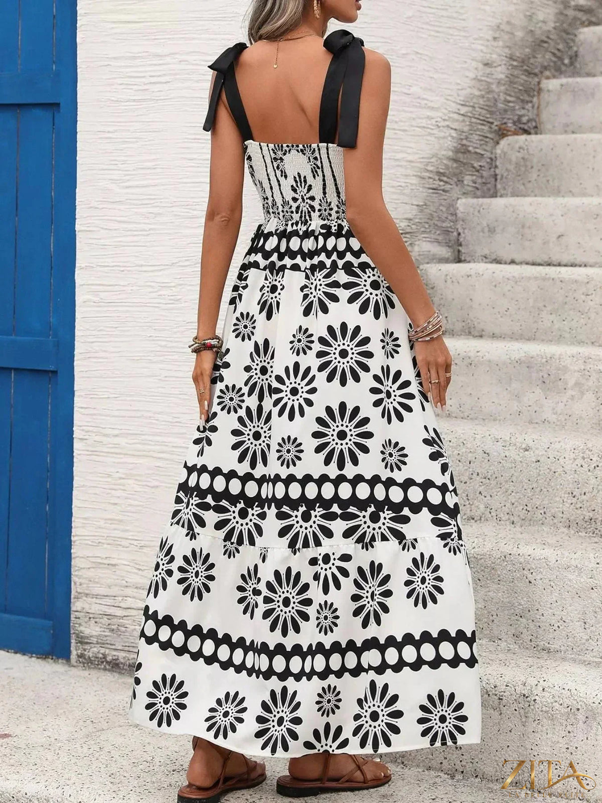 Floral print tie strap casual maxi dress by Zita La Belle Elite, featuring a flowy silhouette and vibrant floral pattern.