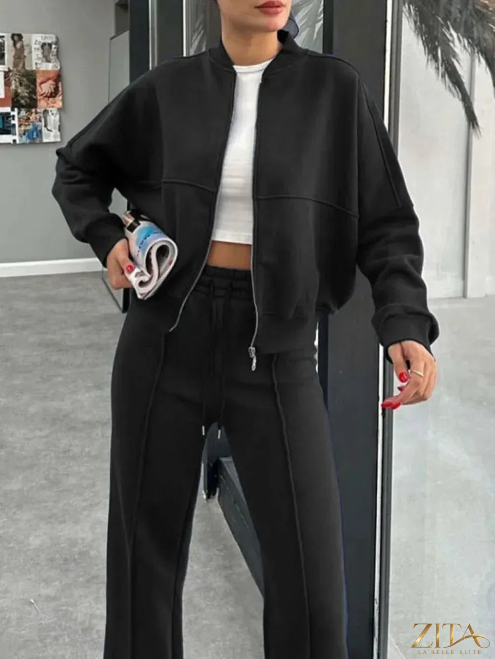Zita La Belle Elite baseball collar zip-up outerwear and drawstring pants set, navy blue with white accents, casual athletic style.