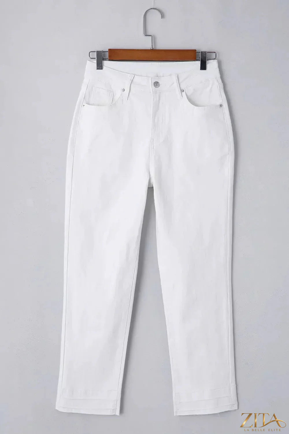 Zita La Belle Elite high-waisted straight leg jeans showing front view with classic denim wash and fitted waist.