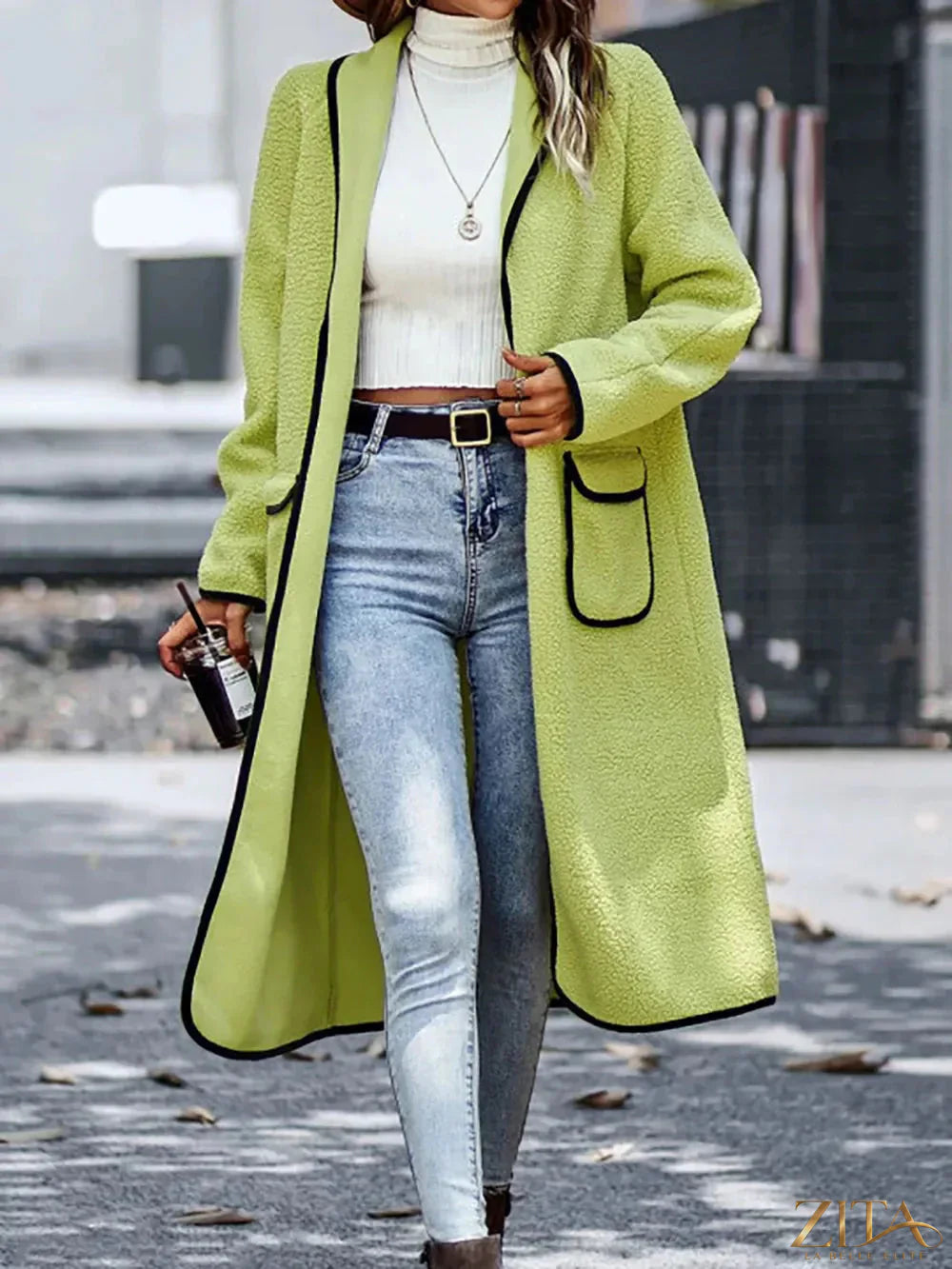 Zita La Belle Elite full-size long sleeve coat with contrast trim and pockets, stylish outerwear for cold weather.