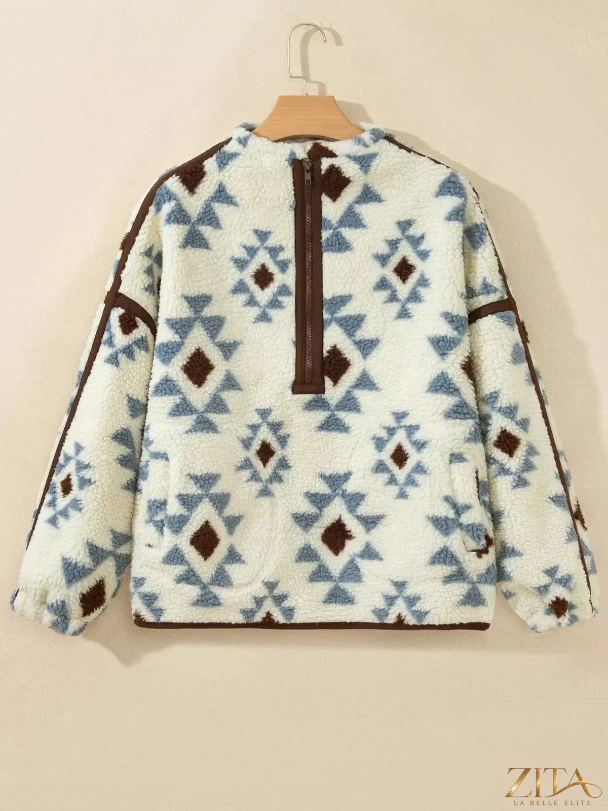 Zita La Belle Elite geometric print sherpa western style long sleeve sweatshirt with cozy fleece interior and stylish design.