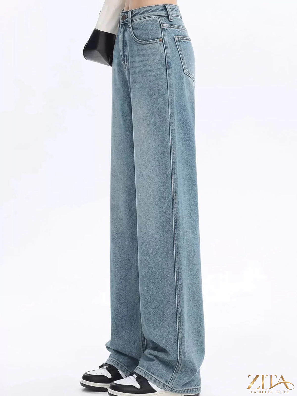 Zita La Belle Elite high-waisted vintage wash wide-leg jeans displayed on a model, showcasing relaxed fit and classic denim style.