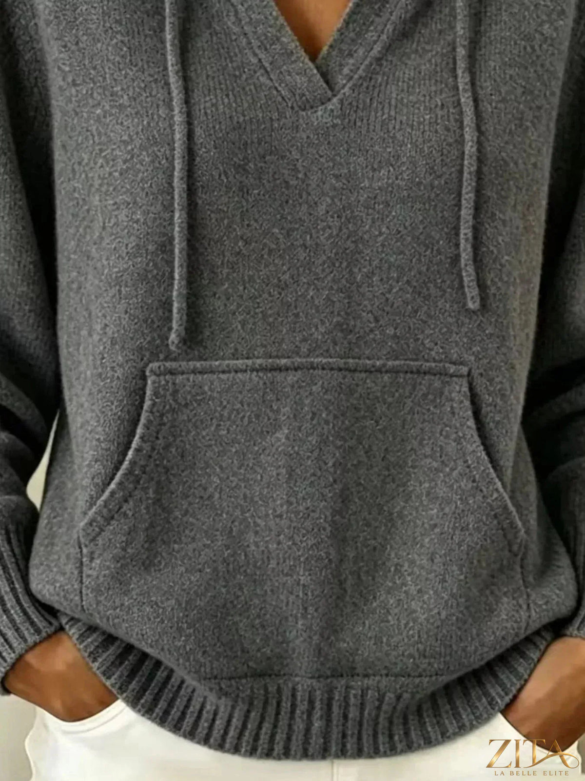 Gray kangaroo pocket hooded sweater by Trendsi featuring a front pouch pocket and adjustable drawstring hood.