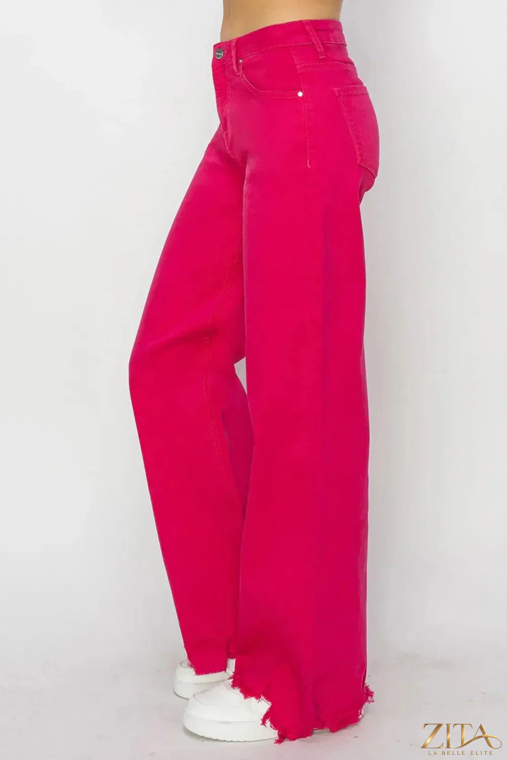 Zita La Belle Elite RISEN high rise wide leg jeans displayed on a hanger with a light background.