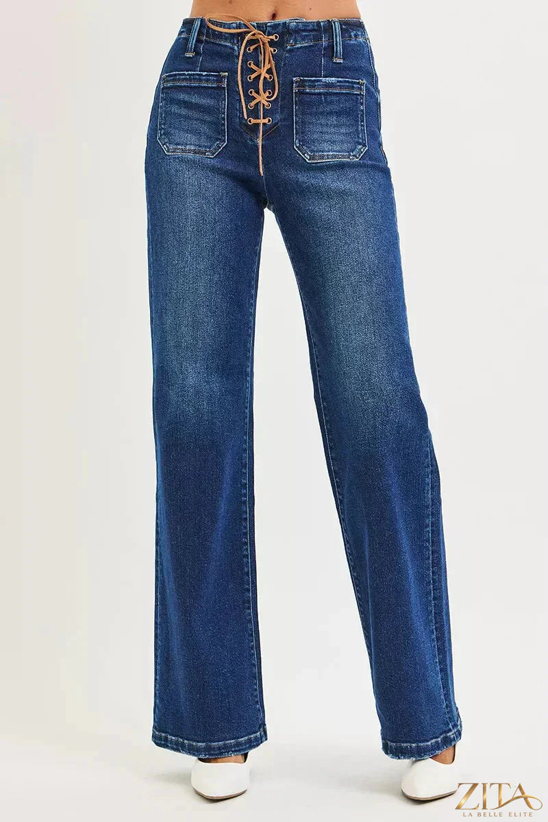 Plus size Zita La Belle Elite RISEN high rise tie-front wide leg jeans with front pockets and belt loops, shown on a model.