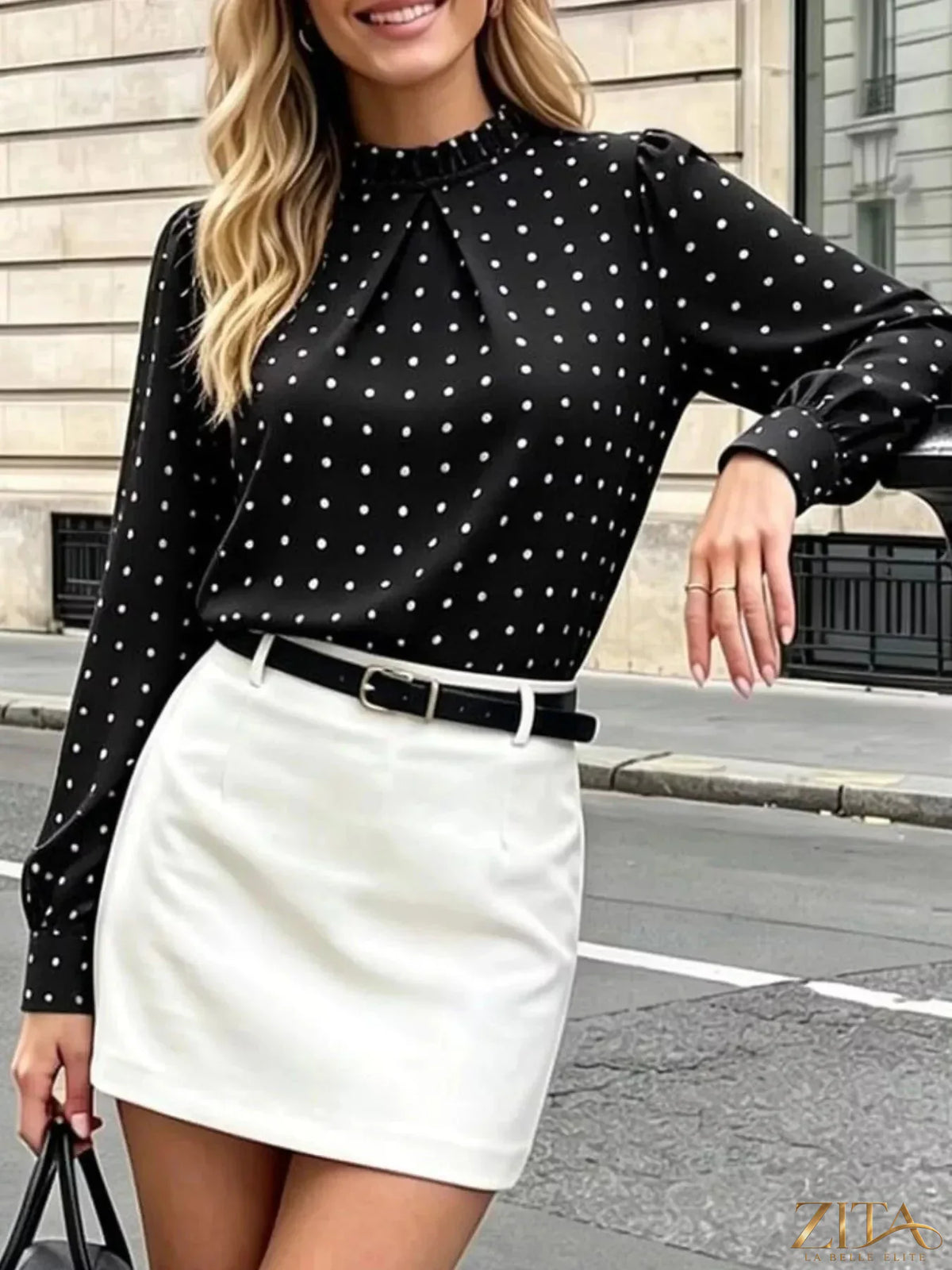 Zita La Belle Elite polka dot print mock neck long sleeve blouse with elegant design and fitted silhouette.