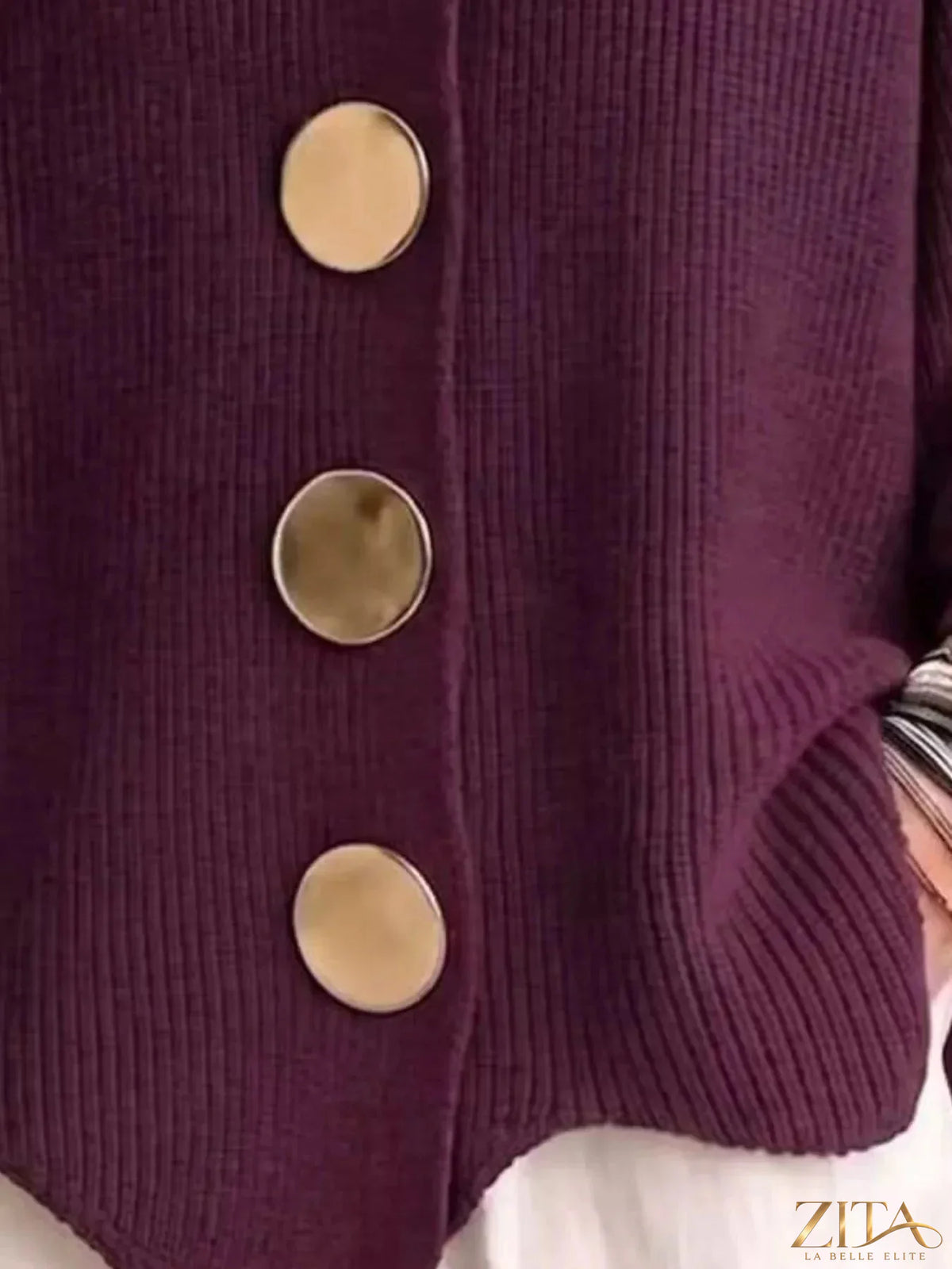 Plus size ribbed knit cardigan with gold buttons by Zita La Belle Elite, featuring a full-size fit and cozy texture.