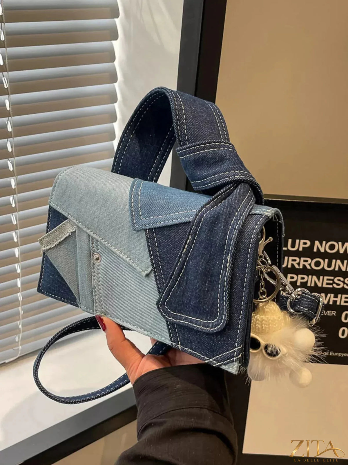 Zita La Belle Elite denim patchwork crossbody bag with mixed fabric design and adjustable strap, casual and stylish accessory.