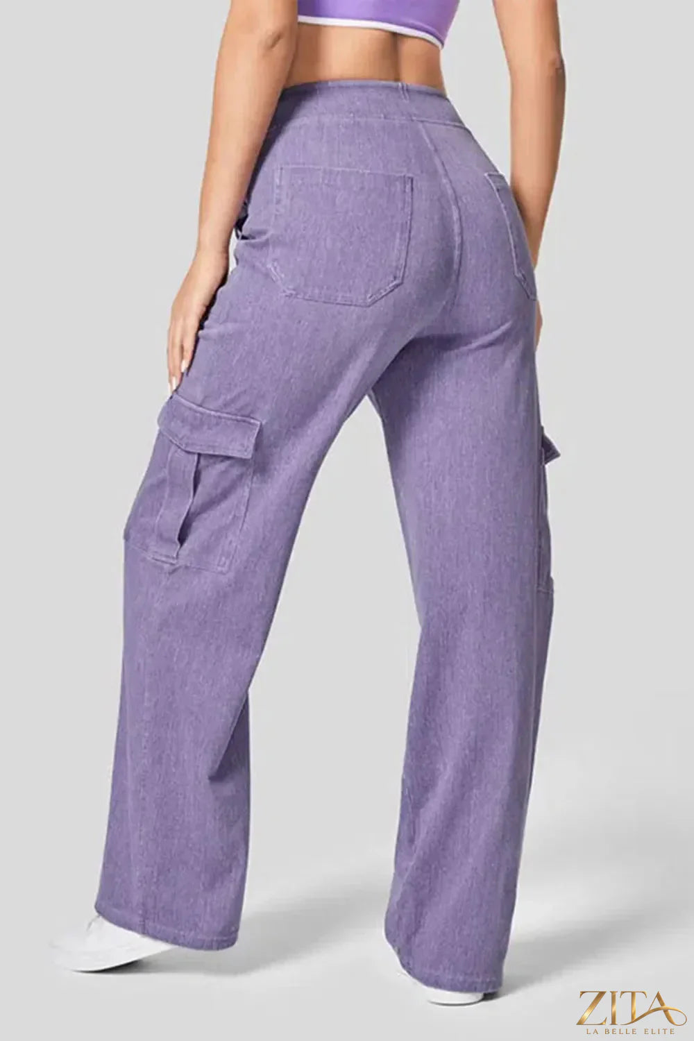High waist straight-leg cargo jeans by Zita La Belle Elite featuring multiple front pockets and a classic denim look.