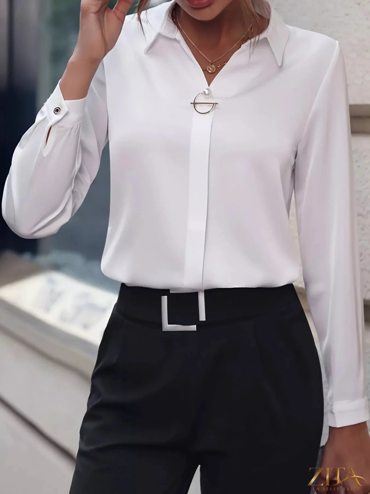 Zita La Belle Elite long sleeve satin blouse in soft, shiny fabric with a classic collar and button-front design.