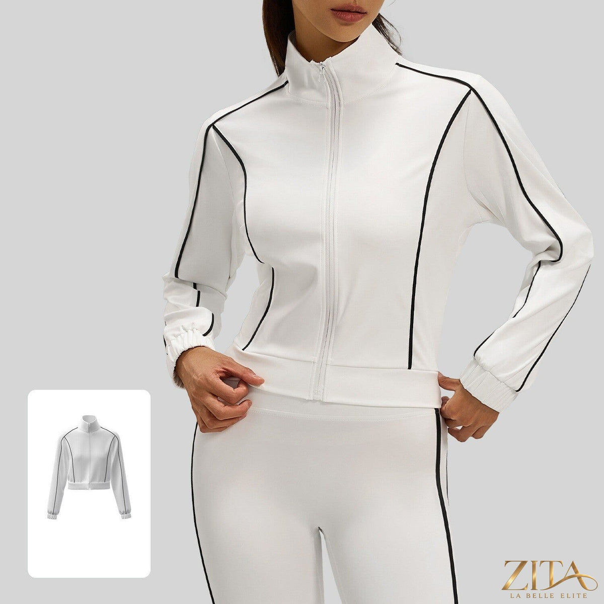 Women's Zita La Belle Elite contrast stripe loose cardigan jacket, casual sports style, showing front view with relaxed fit.