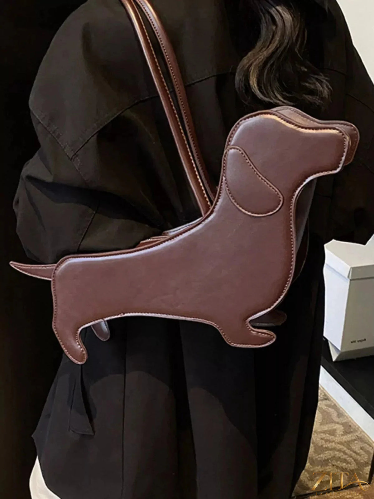 Zita La Belle Elite Dachshund-shaped shoulder bag in beige with long floppy ears and detailed facial features.