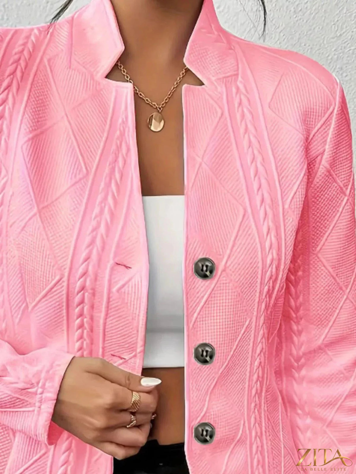 Textured knit button-front blazer by Zita La Belle Elite, showing the tailored fit and detailed fabric in a neutral color.