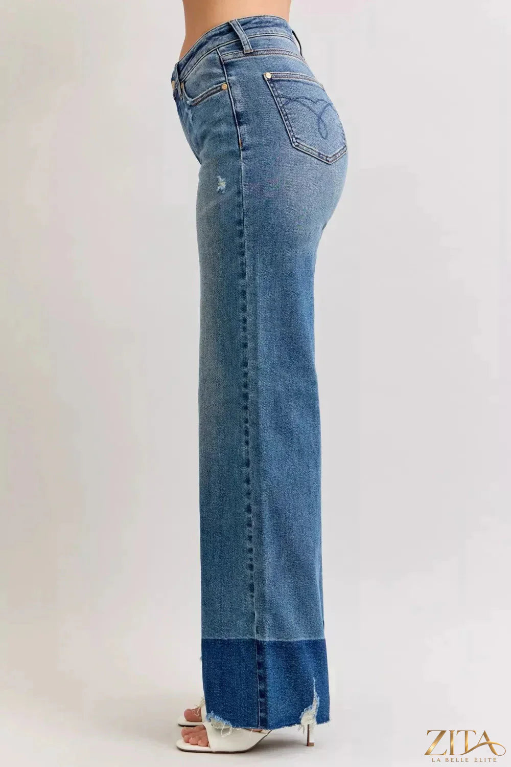 Zita La Belle Elite Judy Blue raw hem high waist straight jeans displayed on a model, showcasing their fit and raw hem detail.