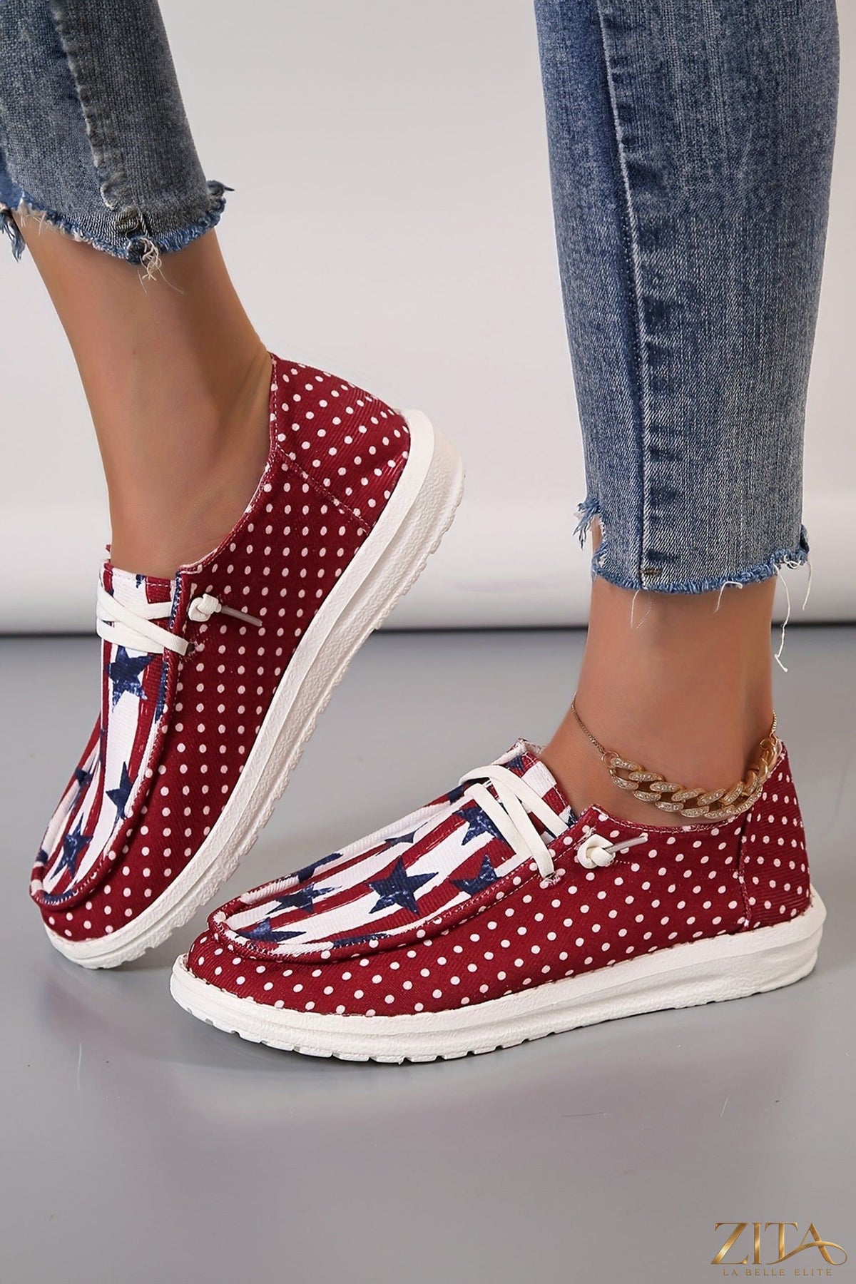 Womens casual shoes by Zita La Belle Elite featuring red polka dots, stars, and stripes for Independence Day celebration.