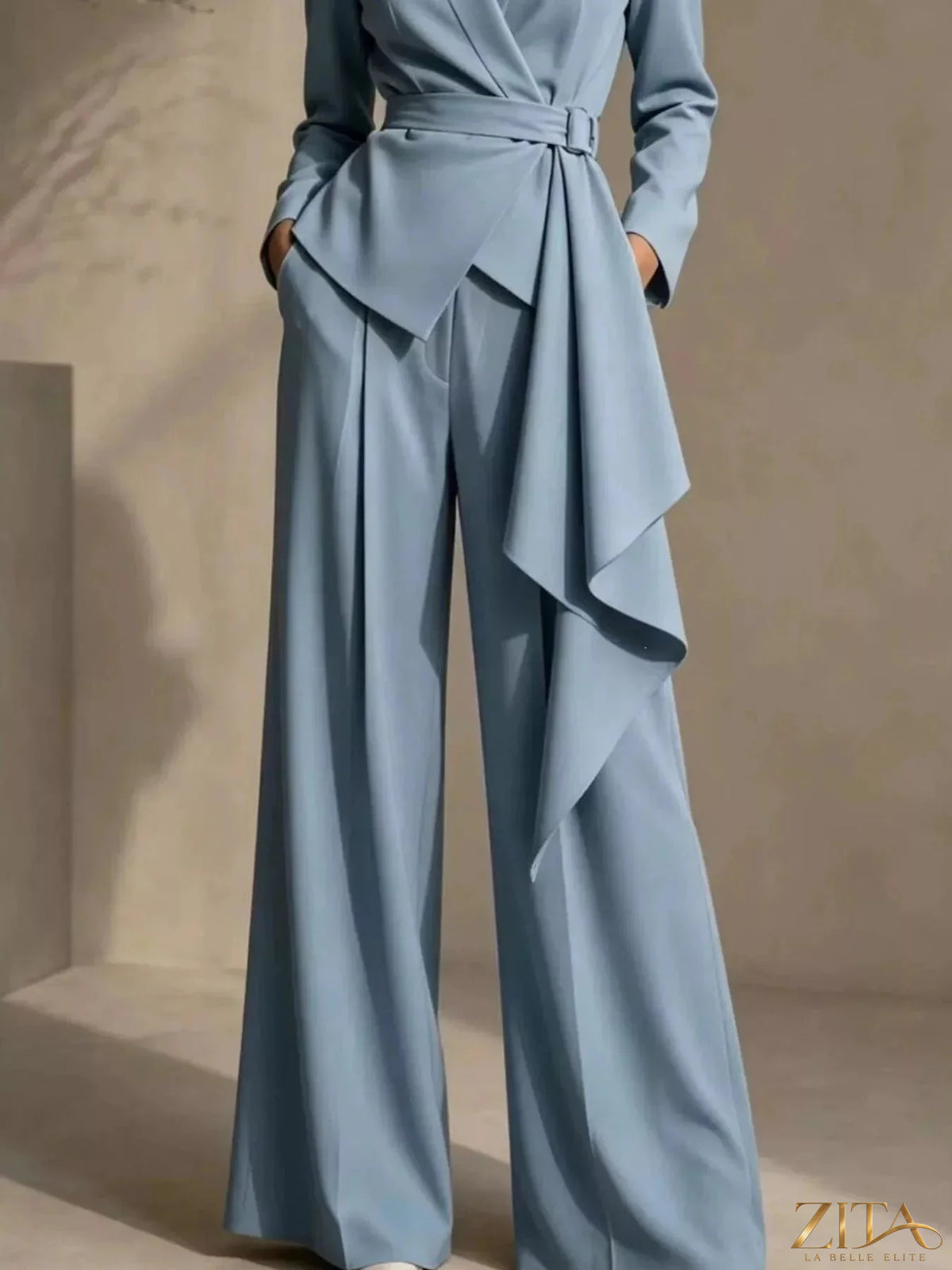 Plus size Zita La Belle Elite belted blazer and wide-leg pants set, featuring a tailored blazer and flowy pants in a stylish ensemble.