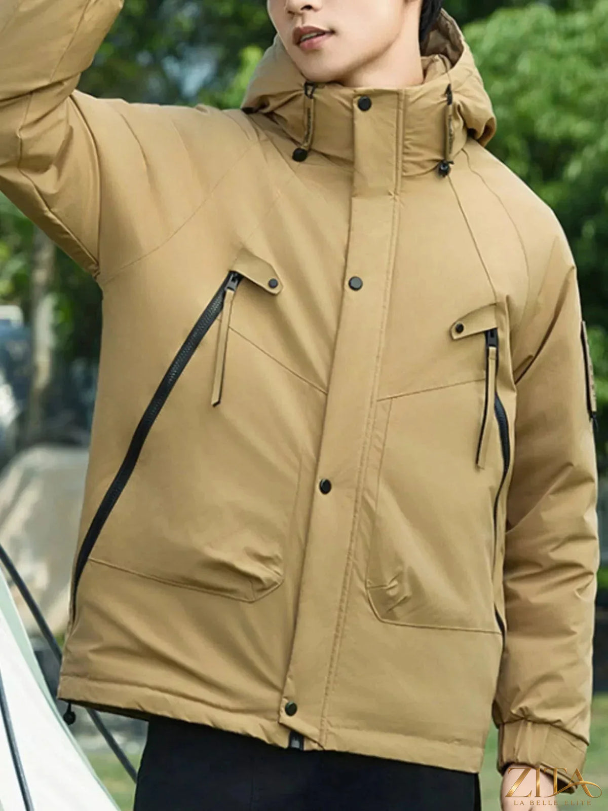 Men's plus size hooded snap down jacket by Zita La Belle Elite, shown in black with front pockets and zipper detail.