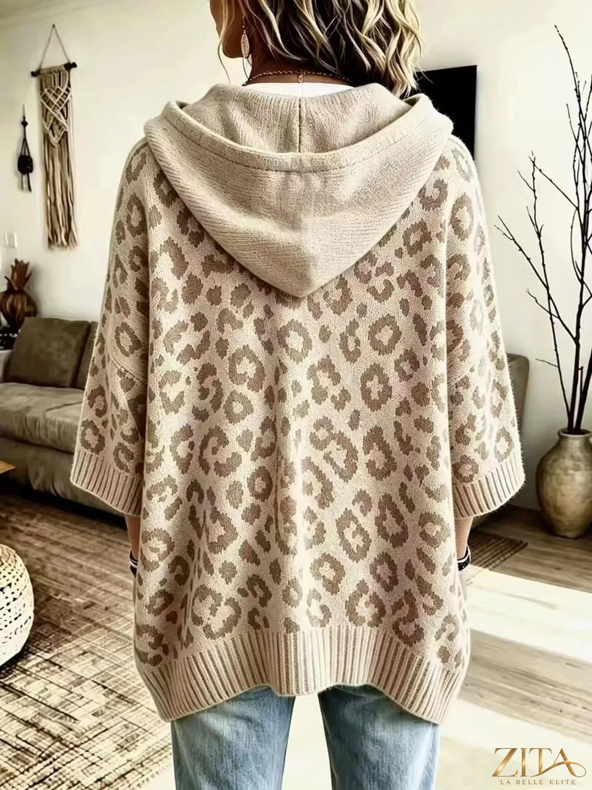 Zita La Belle Elite leopard print drawstring hooded sweater with long sleeves and front pocket, casual and stylish clothing.