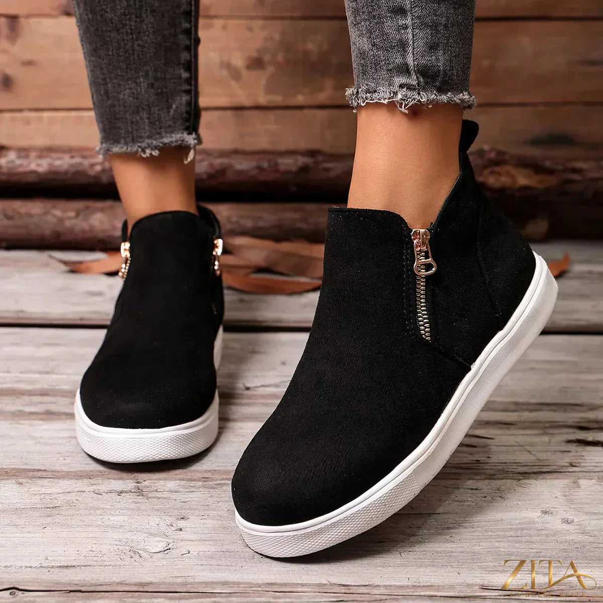 Zita La Belle Elite side zipper flat sneakers in black with white soles, showcasing stylish and comfortable casual footwear.