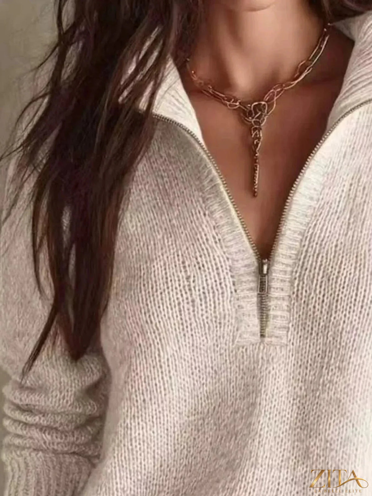 Zita La Belle Elite half zip dropped shoulder sweater in cozy knit fabric, featuring a relaxed fit and stylish design.