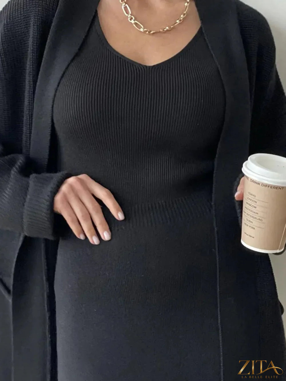 Zita La Belle Elite pocketed long sleeve cardigan and matching skirt sweater set, soft knit fabric, stylish and comfortable.