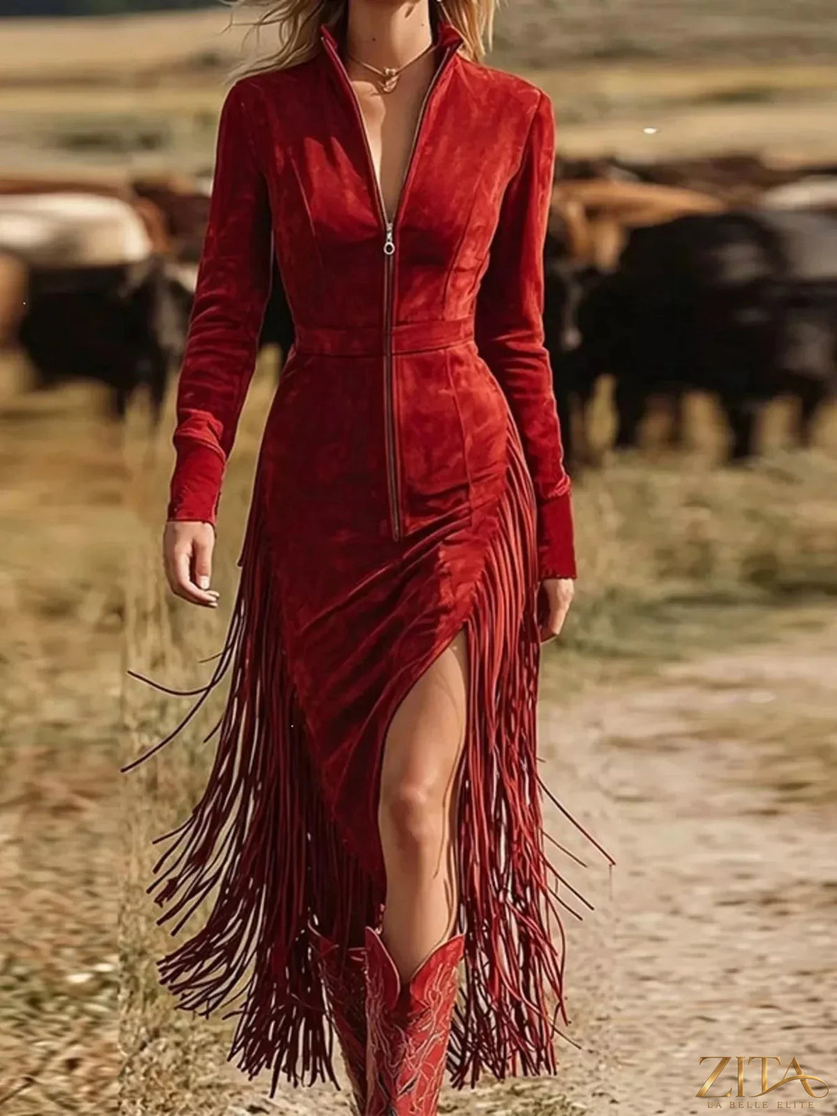Trendsi fringe zip-front midi dress featuring a flowing silhouette and stylish fringe detailing at the hem.