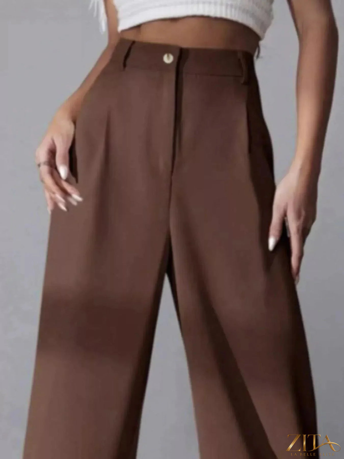 Zita La Belle Elite wide leg pleated pants in neutral fabric, featuring high waist and flowing silhouette, front view.