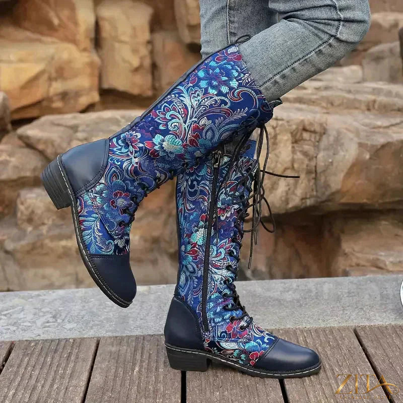 Zita La Belle Elite embroidered lace-up knee-high boots with decorative stitching and stylish design, black leather finish.