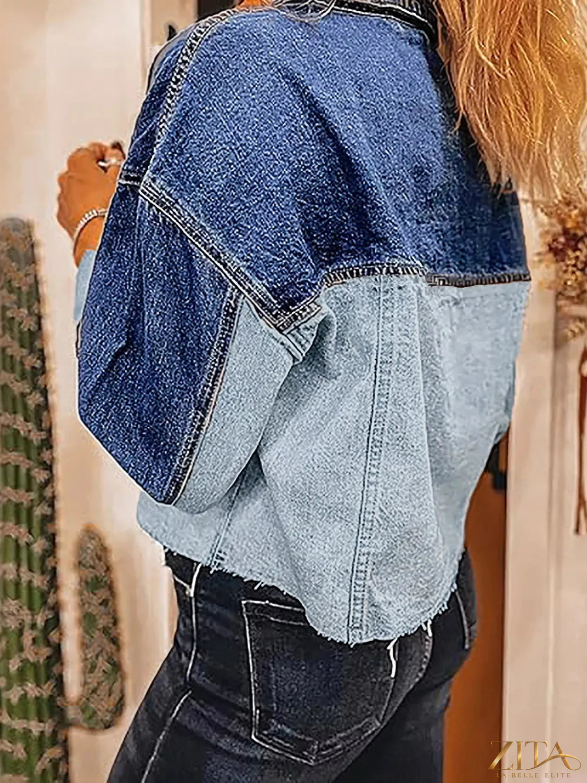 Raw hem two-tone denim jacket by Trendsi, featuring classic fit, button closure, and contrasting denim panels.