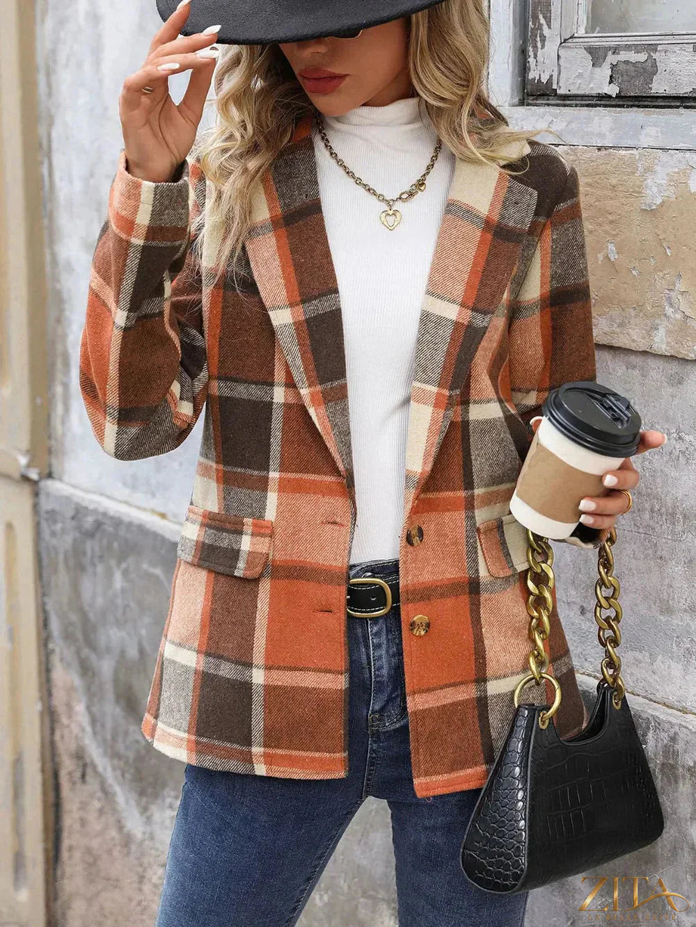 Zita La Belle Elite Perfee plaid button-down blazer with lapel collar, featuring a stylish checkered pattern and tailored fit.