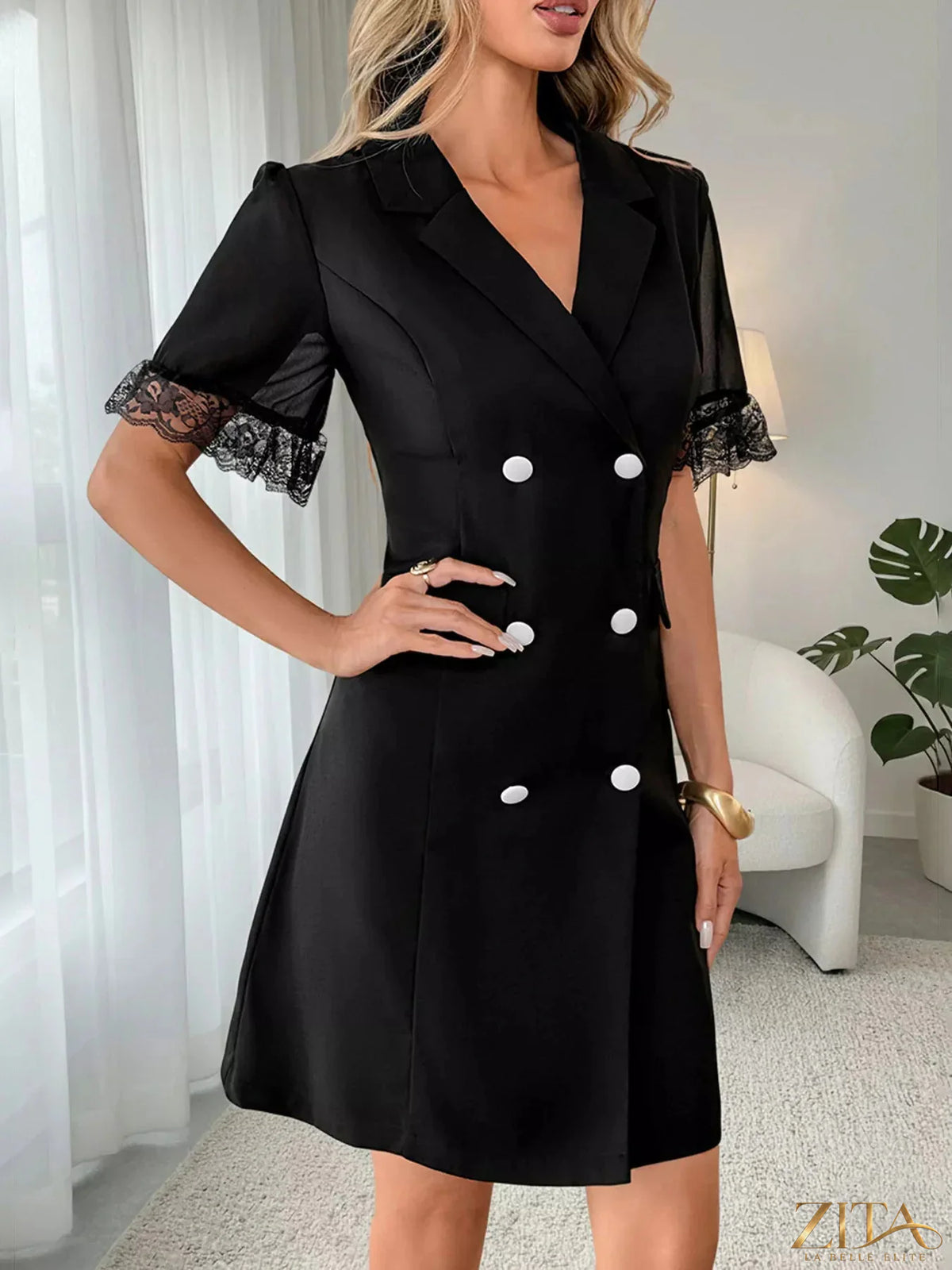 Zita La Belle Elite lace detail double-breasted blazer dress featuring tailored fit and elegant design, shown in a stylish front view.