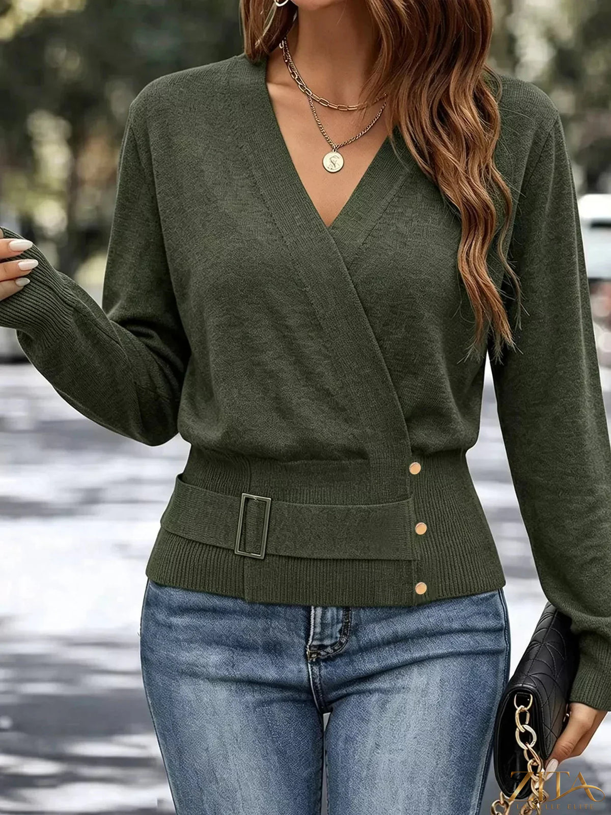 Zita La Belle Elite surplice long sleeve knit top with elastic waist, in a stylish and comfortable design.