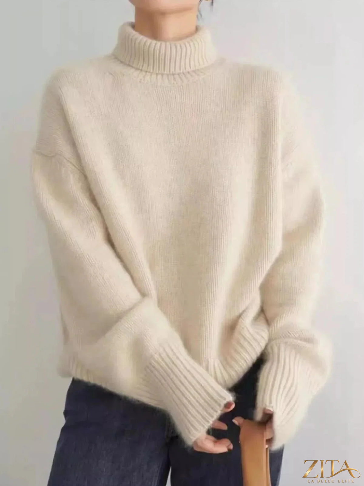 Zita La Belle Elite turtleneck dropped shoulder sweater in soft knit, featuring a cozy fit and stylish design.