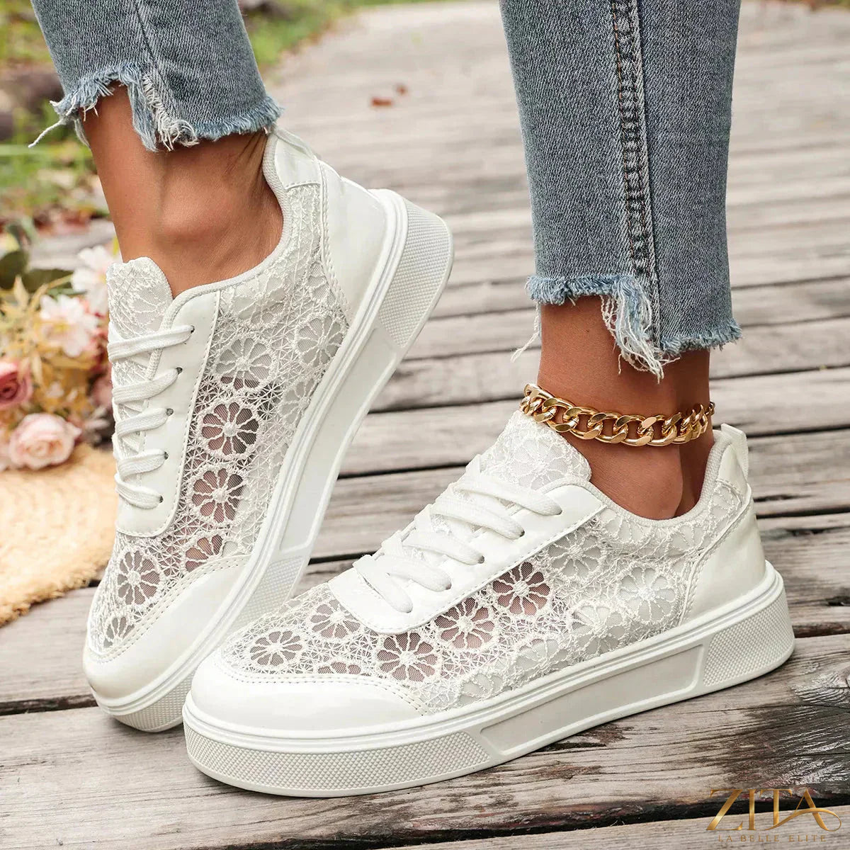 Zita La Belle Elite round toe lace sneakers with white upper and flat laces, casual footwear for women.