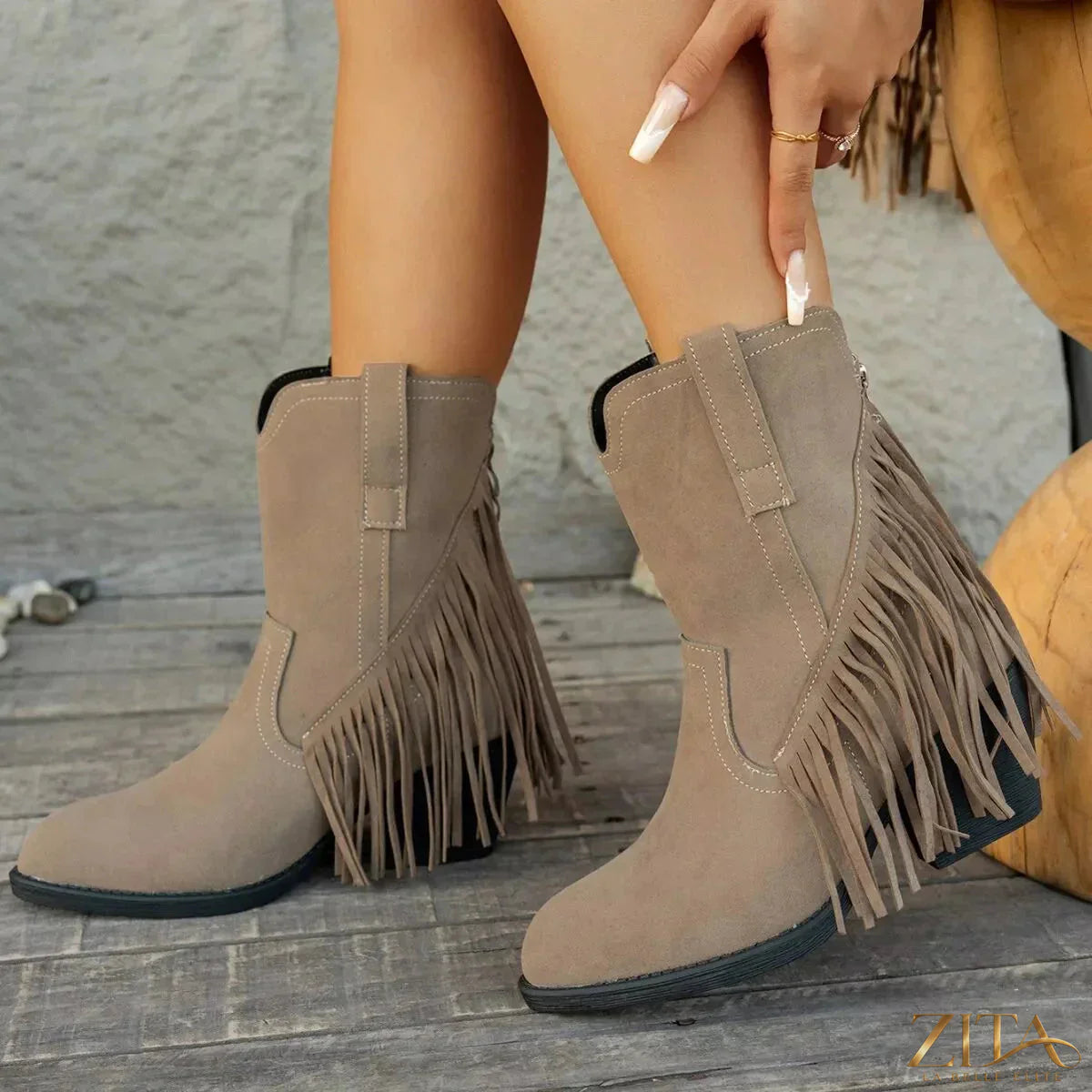 Zita La Belle Elite Fringe Block Heel Ankle Boots with decorative fringes and chunky heel in black leather style.