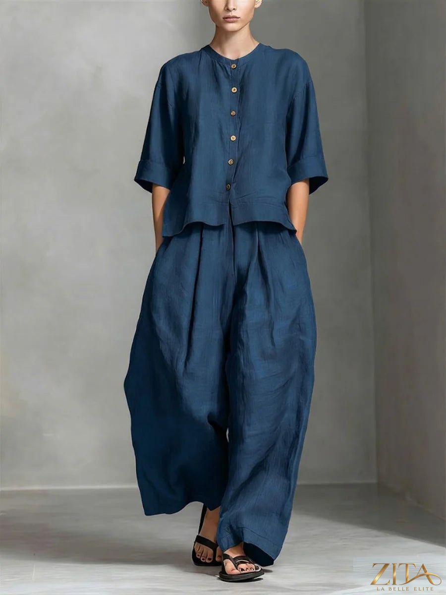 Zita La Belle Elite three-quarter sleeve shirt and loose trousers two-piece set, shown in a stylish, casual outfit.