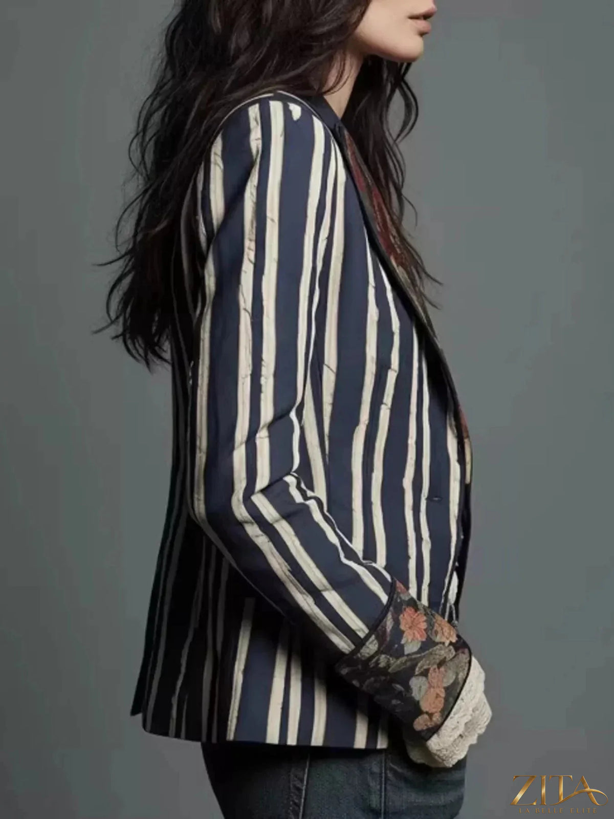 Zita La Belle Elite striped floral contrast slim fit blazer with tailored fit, featuring bold floral and striped pattern details.