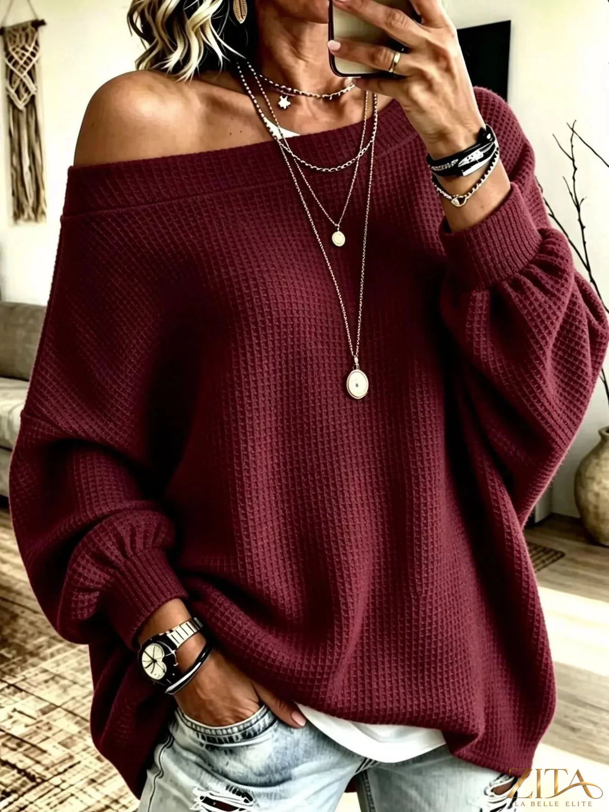 Plus size Zita La Belle Elite waffle knit boat neck sweatshirt featuring a full-size, cozy, and stylish boat neckline in soft fabric.