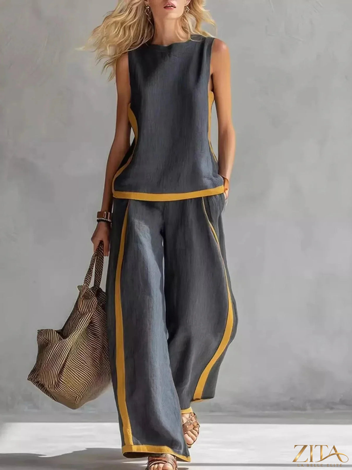 Zita La Belle Elite sleeveless tank top and wide-leg pants set in a stylish casual outfit, displayed on a model.