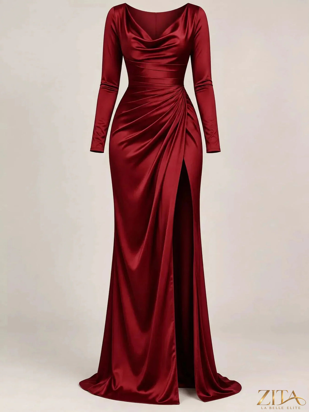 Plus size satin cowl neck evening maxi dress with high slit, elegant design from Zita La Belle Elite.