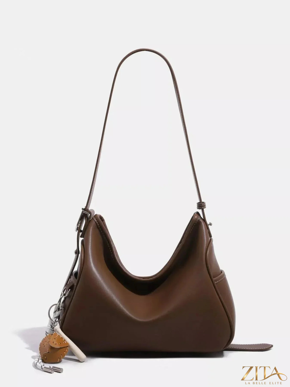 Leather slouchy shoulder bag by Zita La Belle Elite with adjustable strap and spacious interior, shown in soft brown leather.