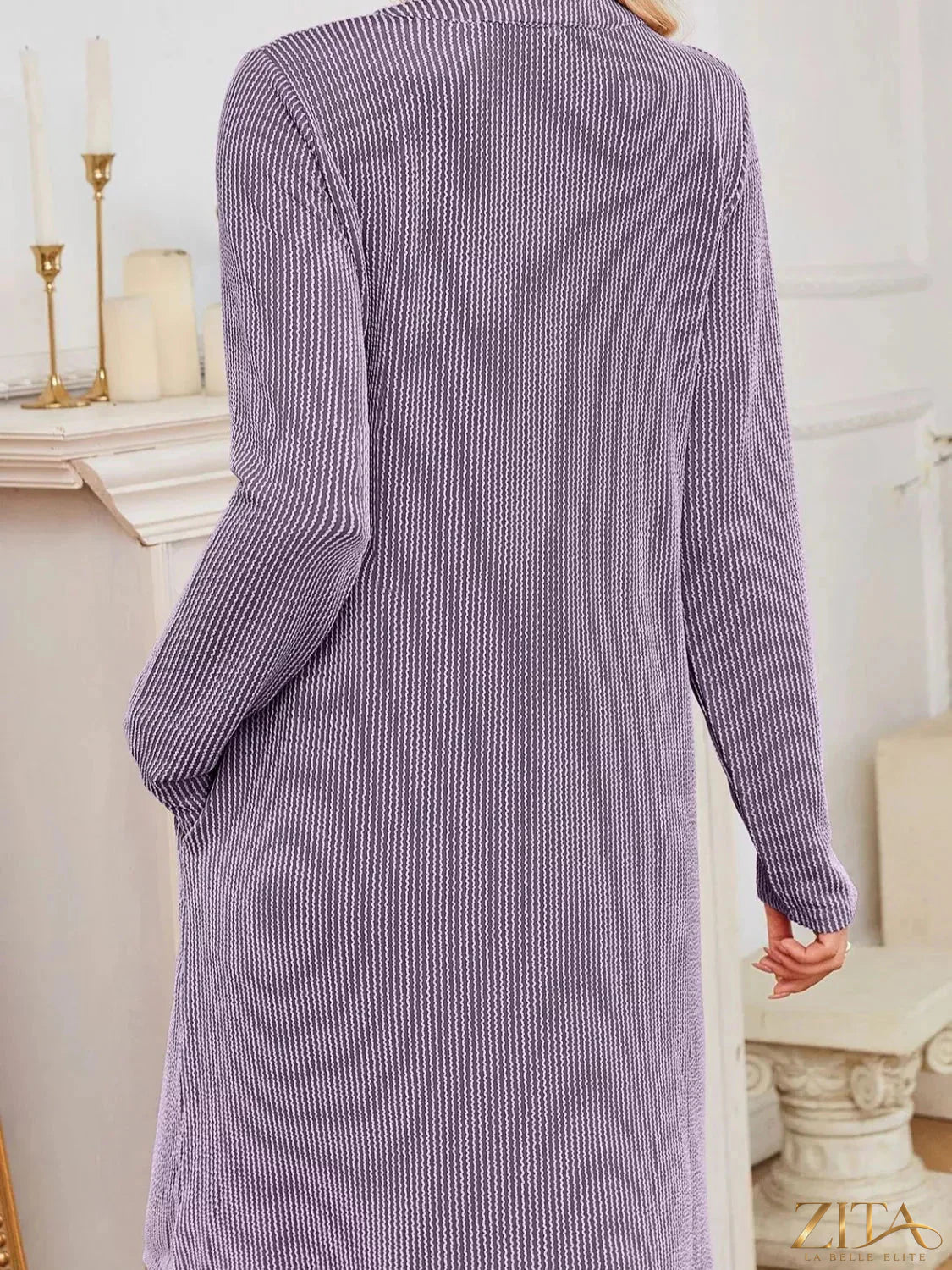 Zita La Belle Elite casual ribbed knit long sleeve dress in neutral color, featuring a fitted silhouette and soft fabric.