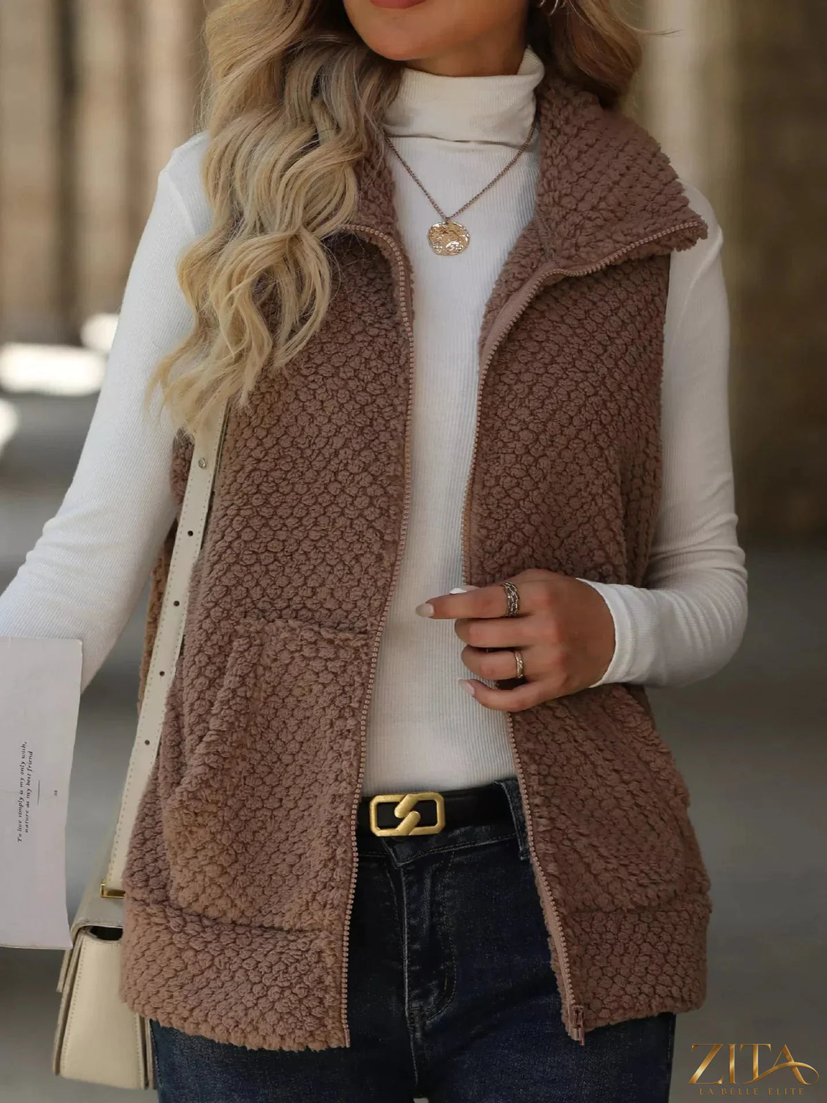 Zita La Belle Elite zip-up vest coat in soft fabric with front pockets, stylish and warm outerwear for cold weather.