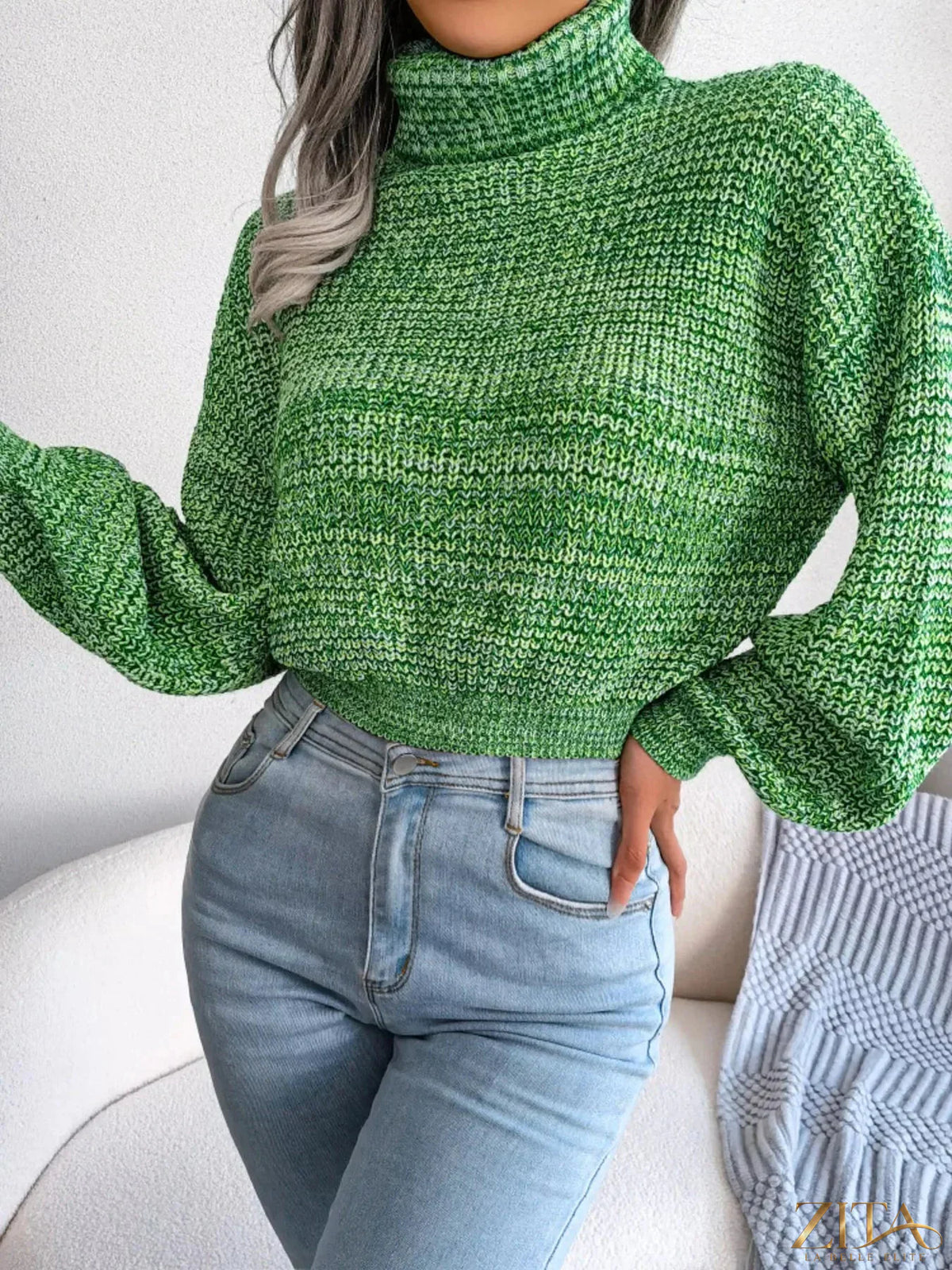 Light gray turtleneck dropped shoulder sweater by Trendsi, featuring a cozy fit and soft knit fabric, shown on a mannequin.