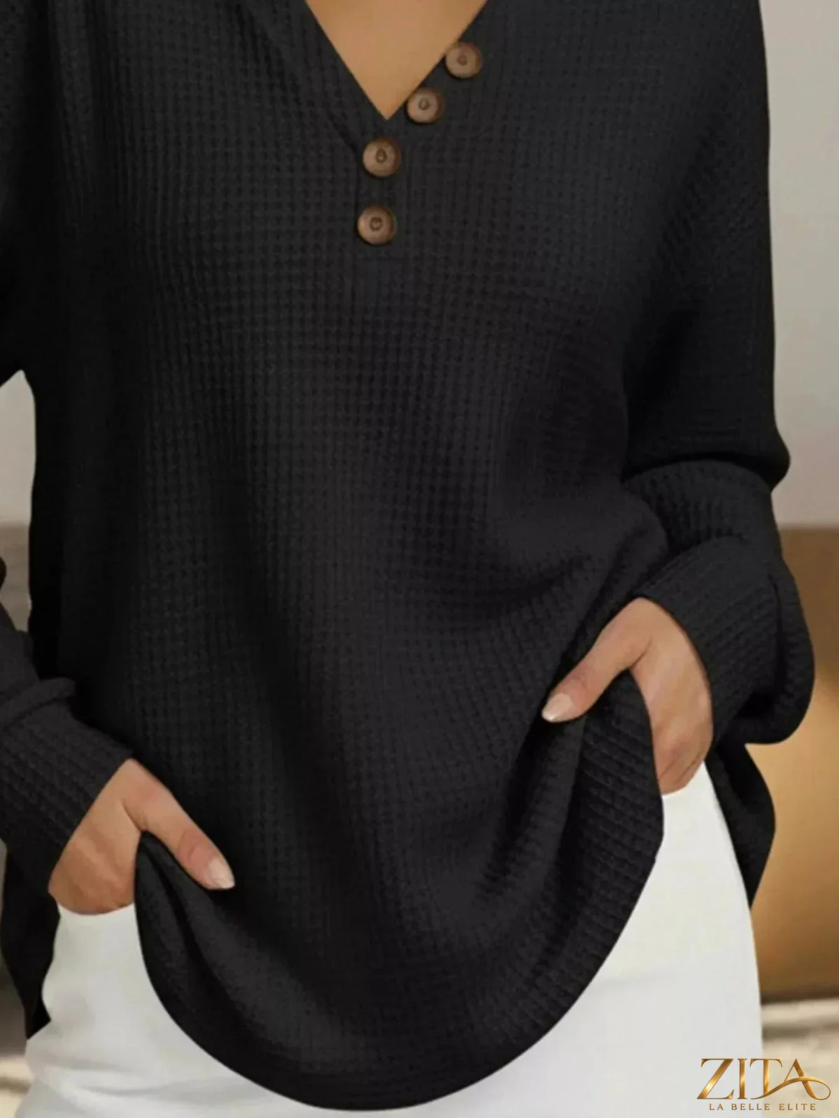 Plus size Zita La Belle Elite waffle knit V-neck long sleeve casual T-shirt, full size, in a neutral color with a relaxed fit.